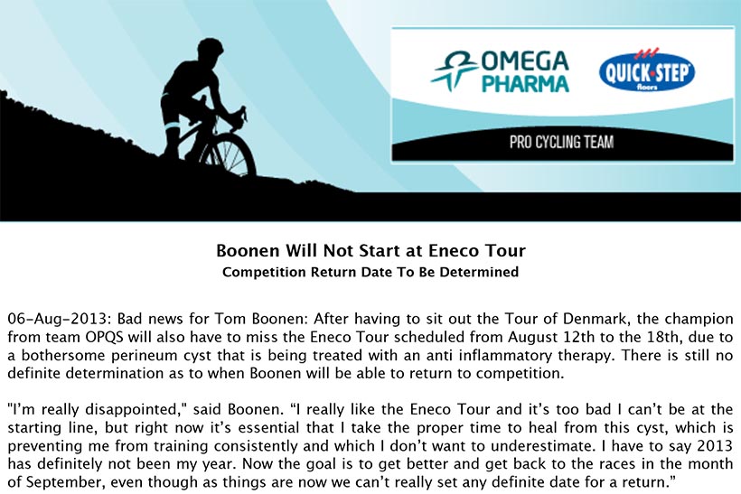  Boonen Will Not Start at Eneco Tour